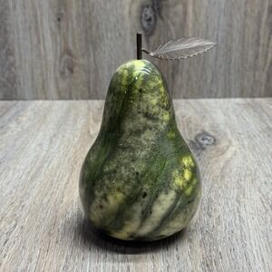 Ducceschi Hand-Carved Alabaster Pear Bookend With Metal Leaf  Stem Made In Italy